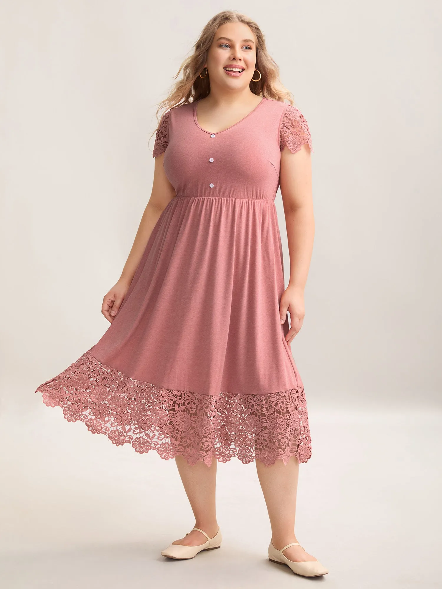 Stretchy Waist Lace Pockets Midi Dress sold by Bloomchic