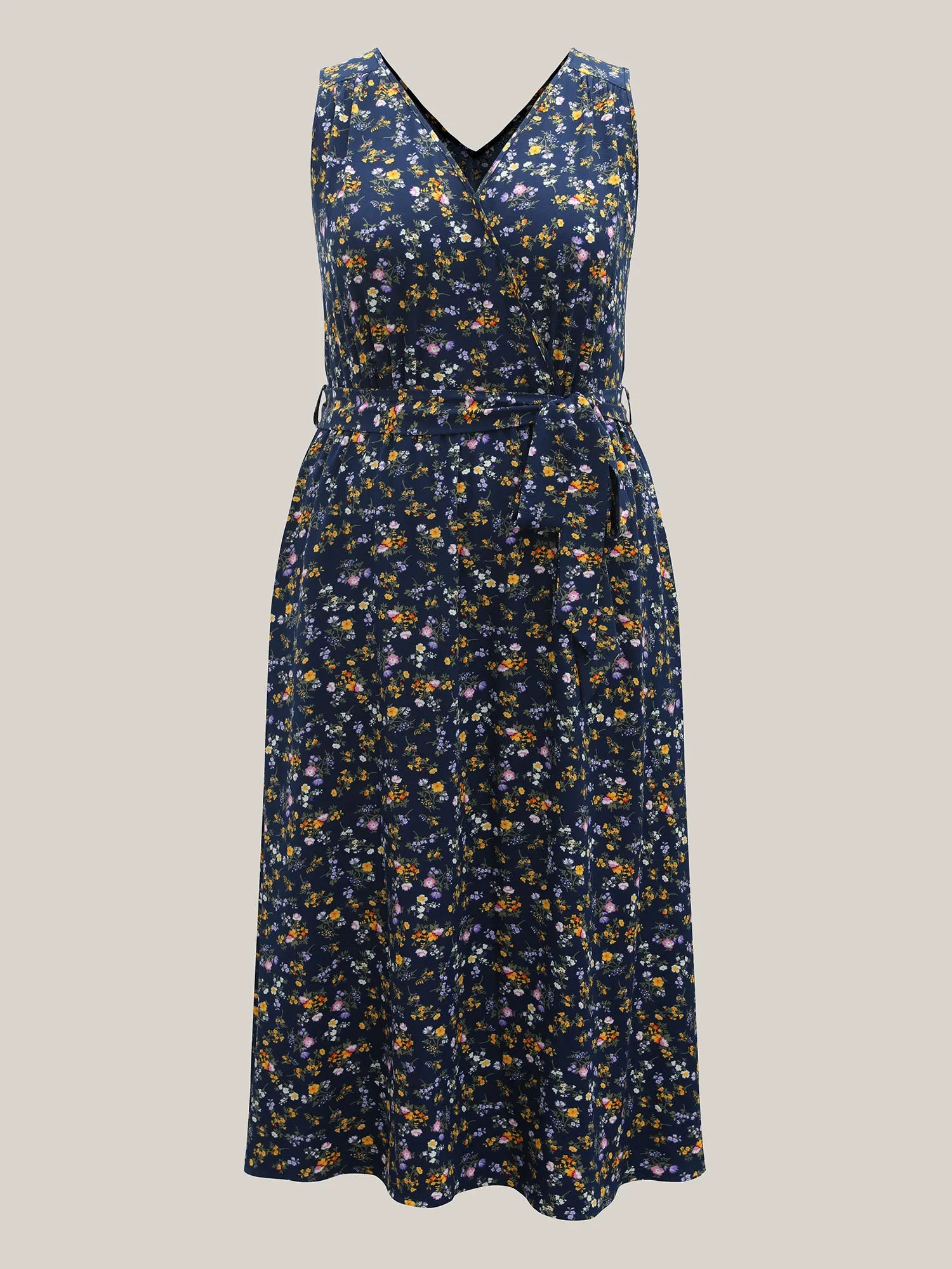 Stretch Woven Floral Belted Pockets Midi Dress sold by Bloomchic product image thumbnail 5