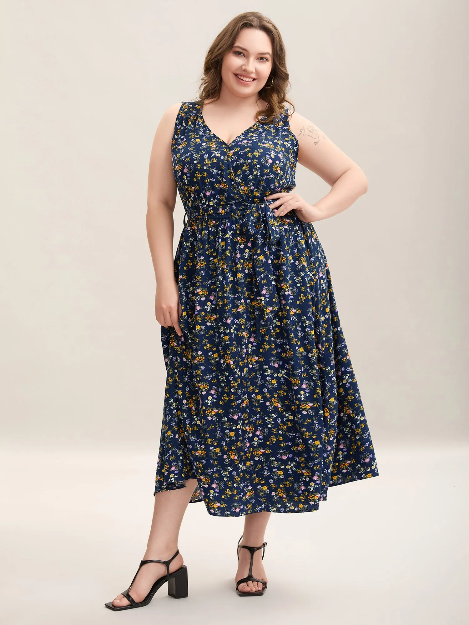 Stretch Woven Floral Belted Pockets Midi Dress sold by Bloomchic