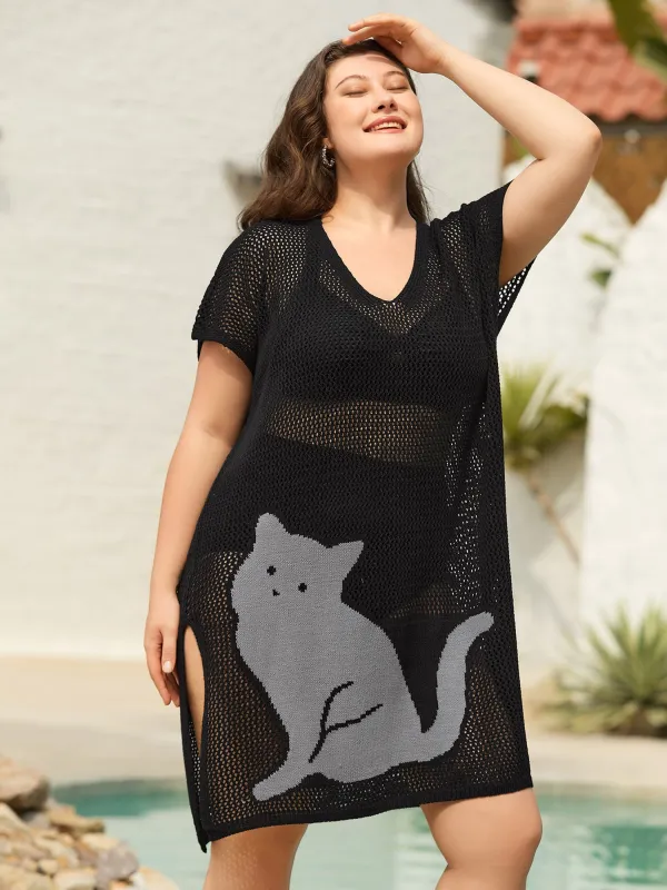 Cut-Out Sheer Cat Pattern Swim Cover-Up sold by Bloomchic