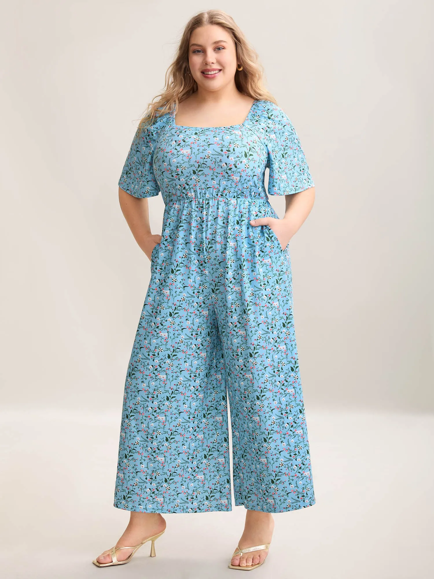 Floral Print Square Neck Knit Jumpsuit sold by Bloomchic