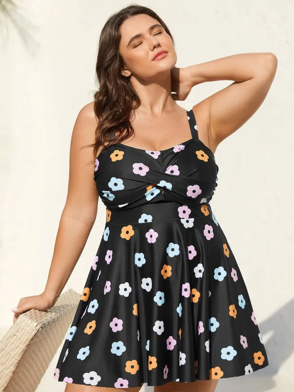 Twist Front Floral Print Flared Swim Dress sold by Bloomchic
