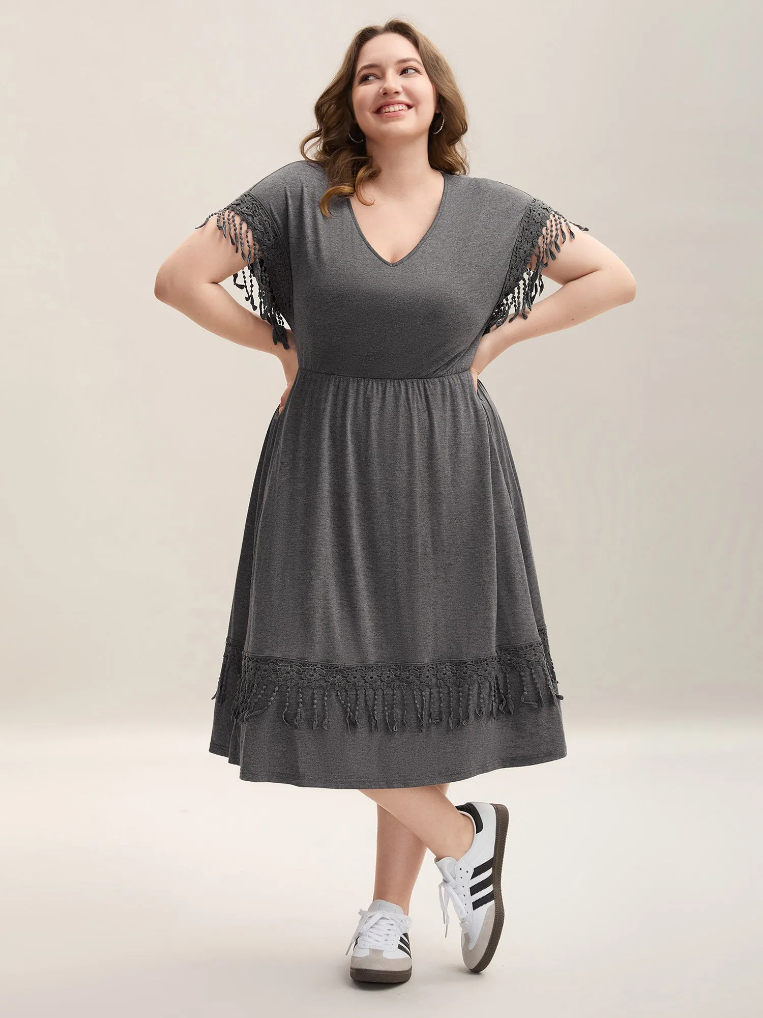 Fringe Knit Plain V-Neck Midi Dress sold by Bloomchic