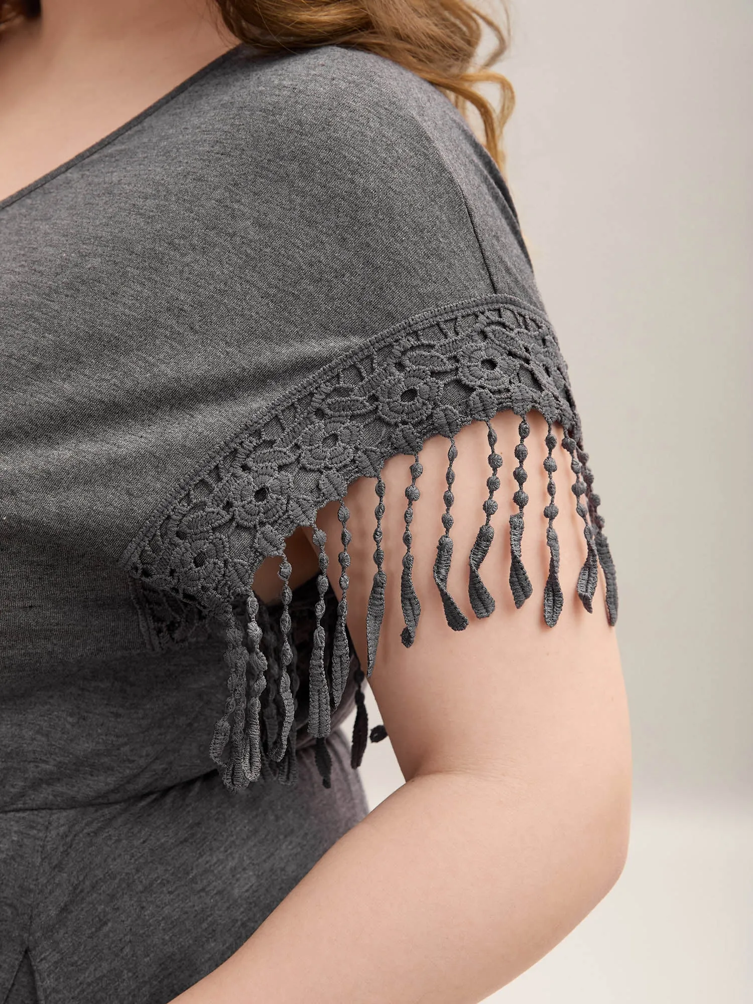 Fringe Knit Plain V-Neck Midi Dress sold by Bloomchic product image thumbnail 2