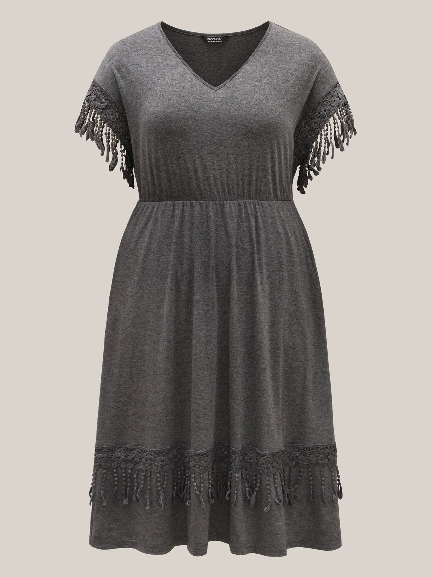 Fringe Knit Plain V-Neck Midi Dress sold by Bloomchic product image thumbnail 5