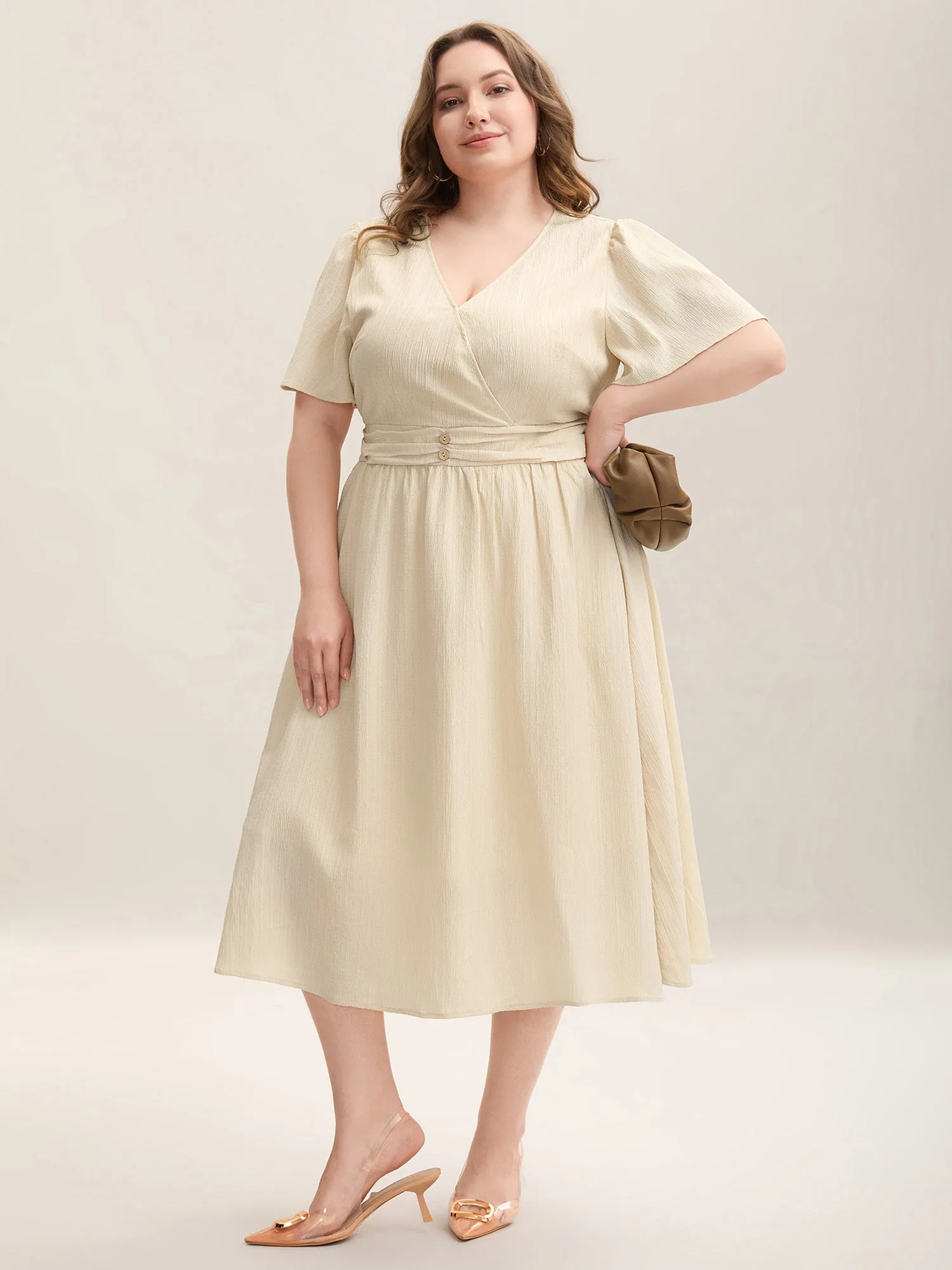 Pleated Waist Textured Shirred Midi Dress sold by Bloomchic