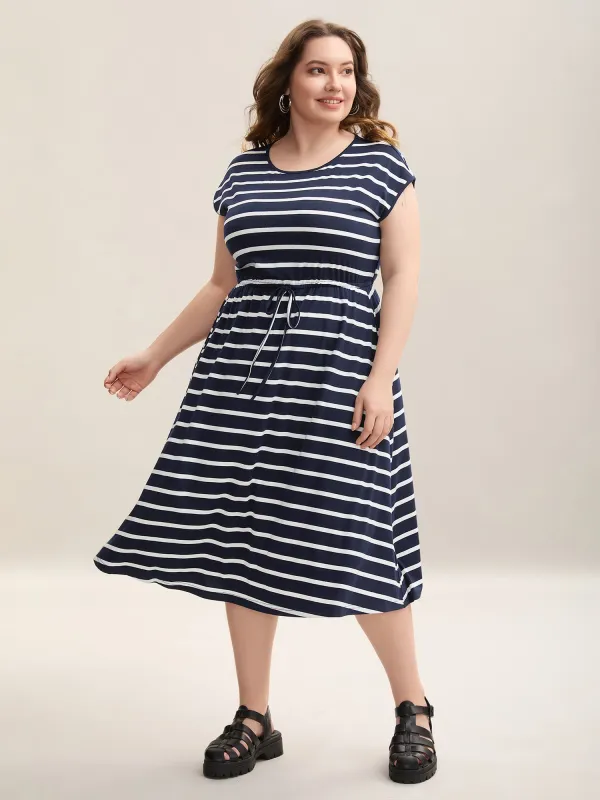 Striped Adjustable Waist Tie Knit Midi Dress sold by Bloomchic