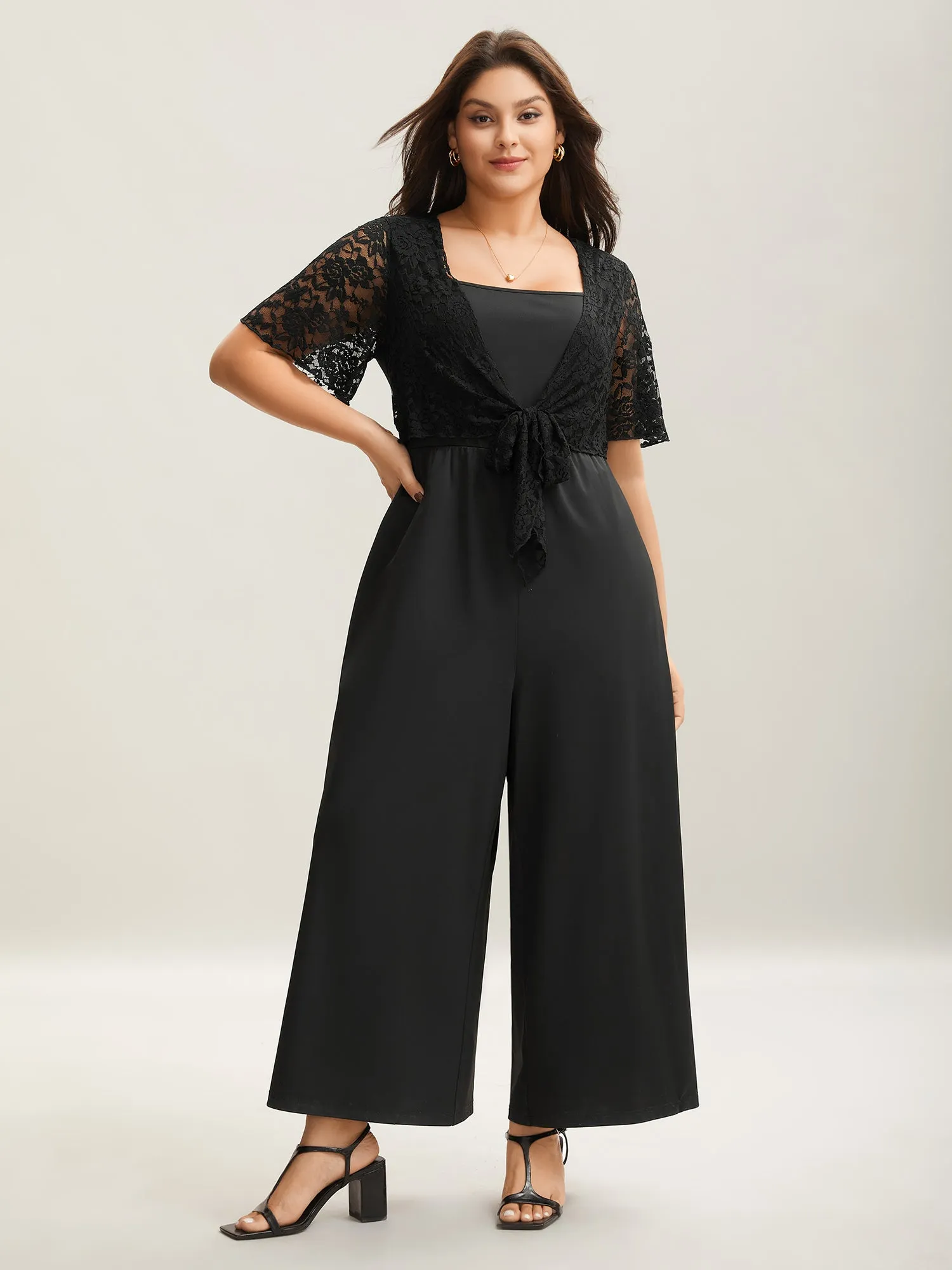 Front-Tie Sheer Lace Sleeve Jumpsuit sold by Bloomchic