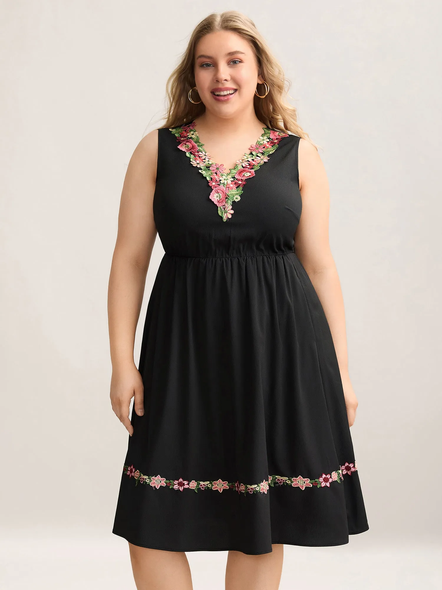 Woven Plain Floral Neckline Sleeveless Midi Dress sold by Bloomchic