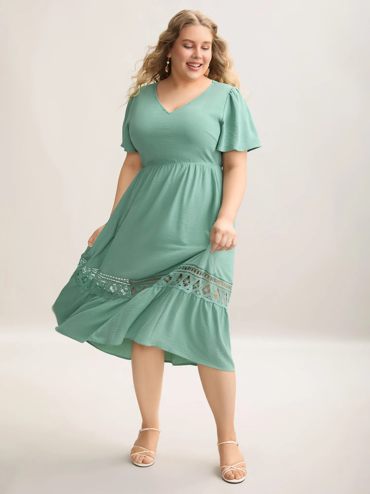 Lace Cut-Out Lotus Leaf Sleeve Midi Dress sold by Bloomchic product image thumbnail 3