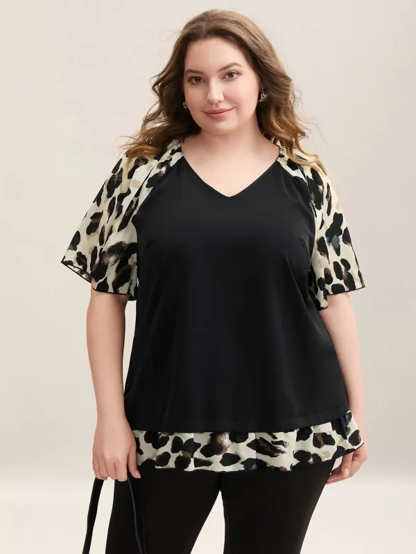 Leopard Print Spliced V-Neck Blouse sold by Bloomchic