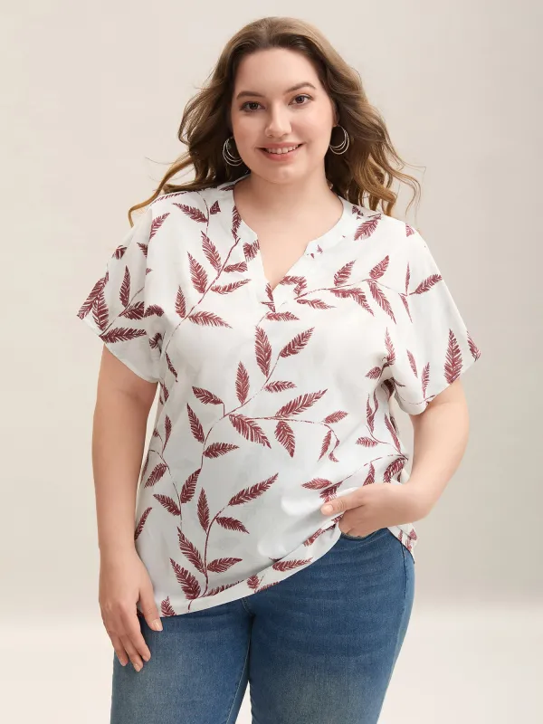 Leaf Print Notched Collar Blouse sold by Bloomchic