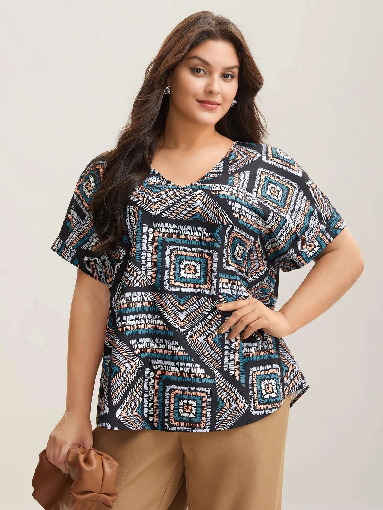 Geometric Print V-Neck Relaxed Fit Blouse sold by Bloomchic