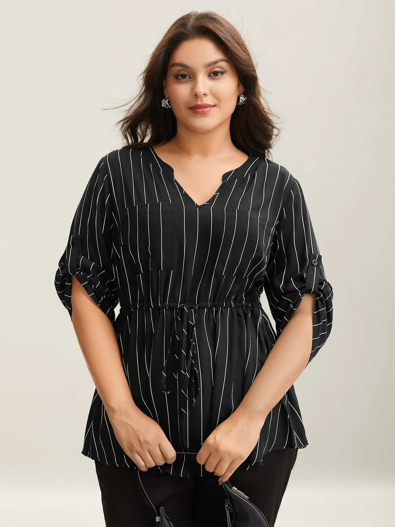 Striped Waist-Tie Pockets Blouse sold by Bloomchic