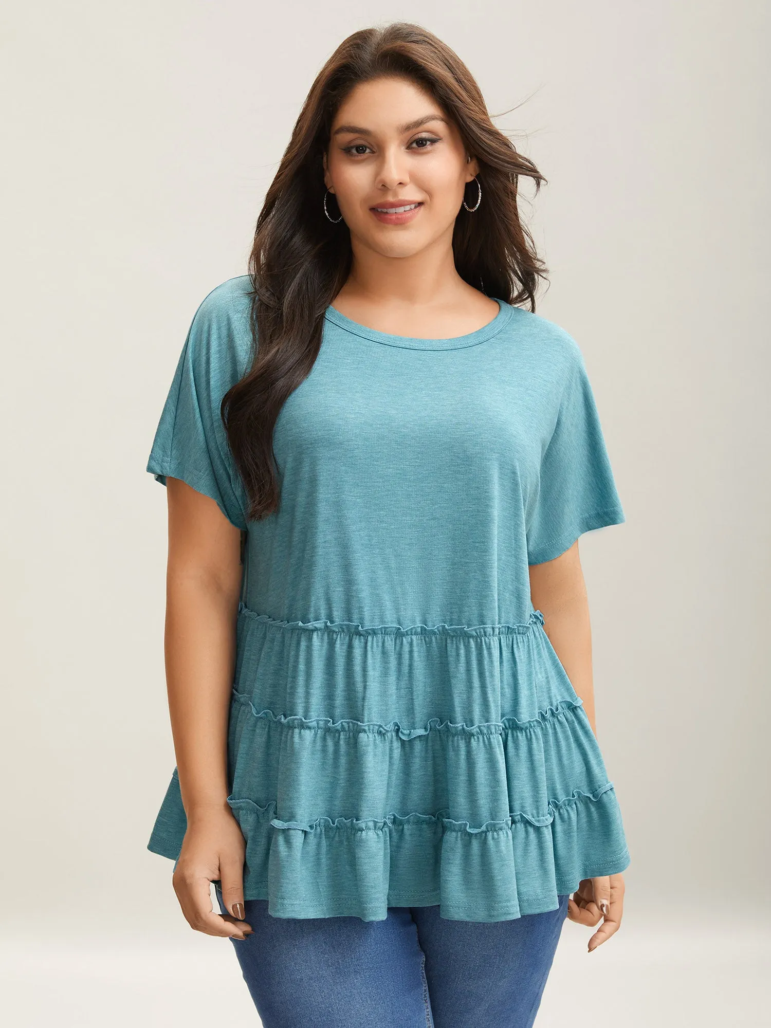 Tiered Petal Trim Crew Neck T-Shirt sold by Bloomchic