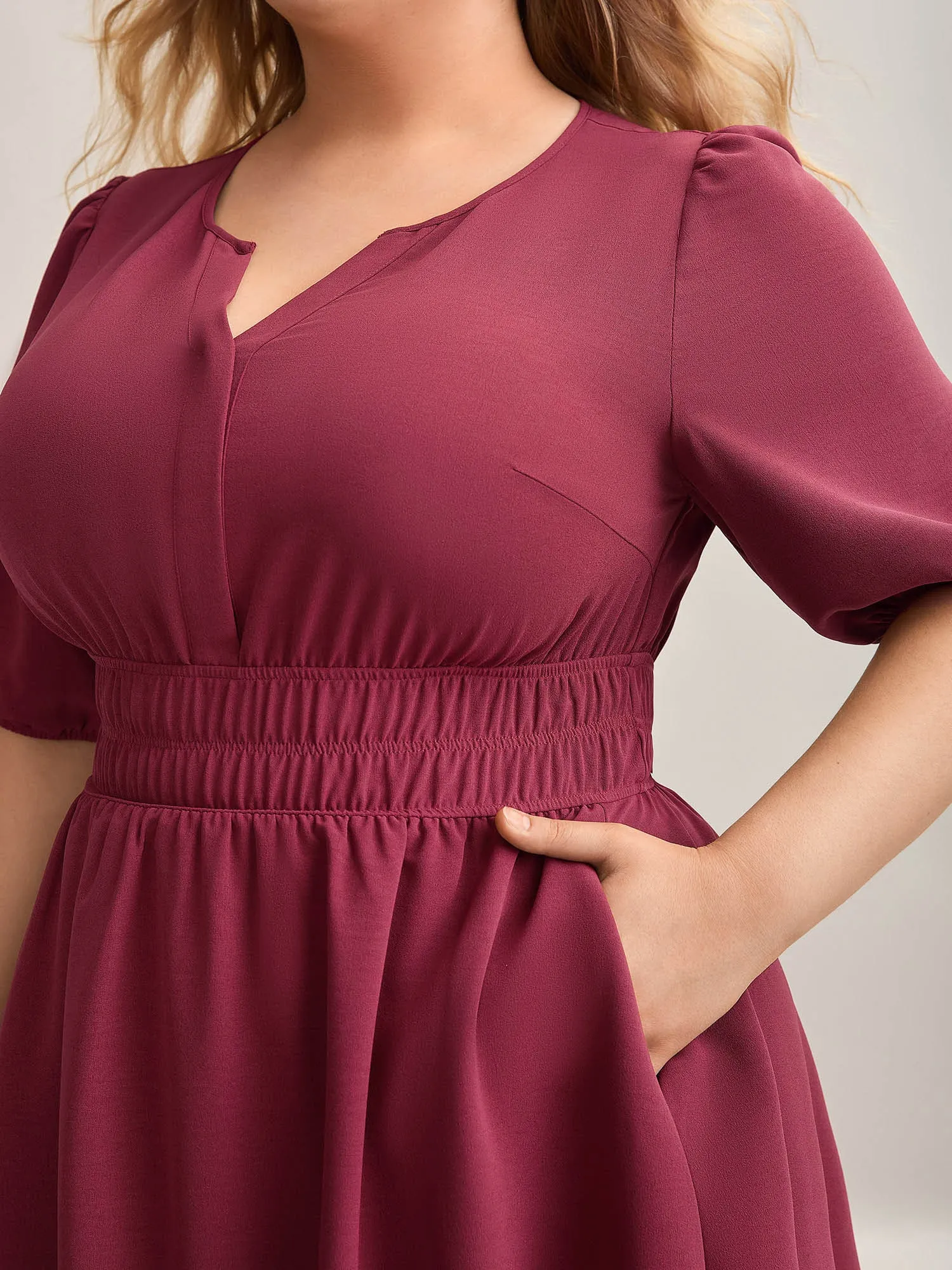 Shirred Waist Split Neck Puff Sleeve Dress sold by Bloomchic product image thumbnail 2