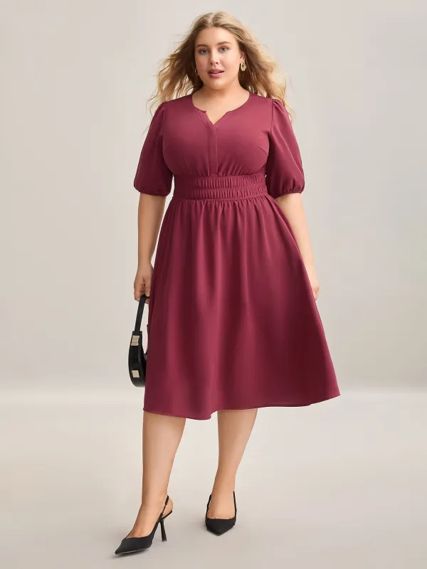 Shirred Waist Split Neck Puff Sleeve Dress sold by Bloomchic