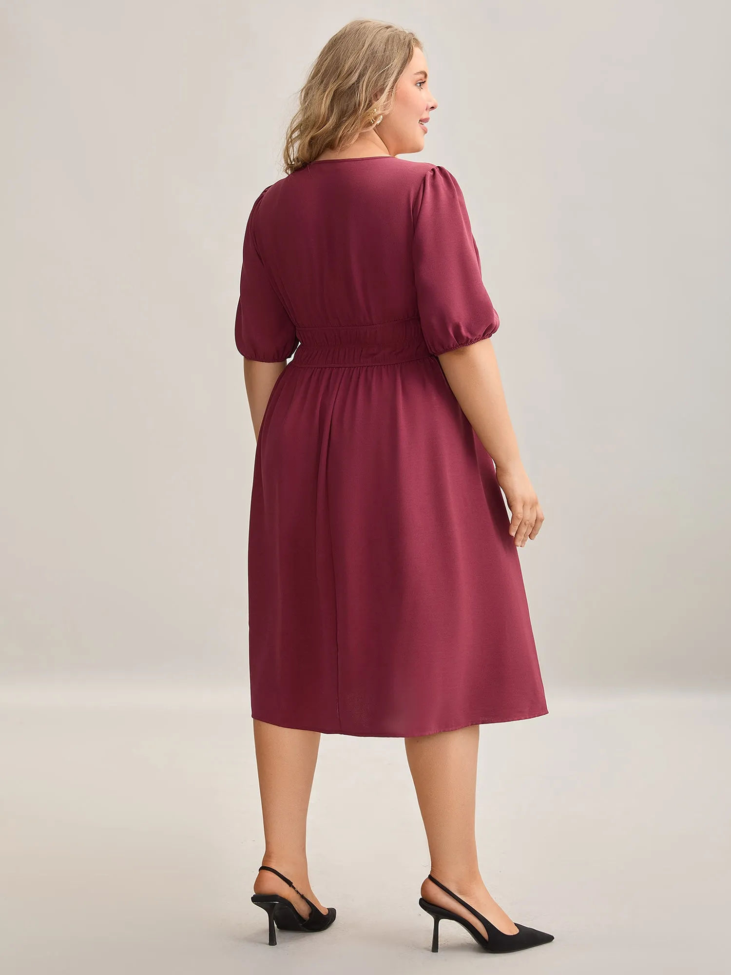 Shirred Waist Split Neck Puff Sleeve Dress sold by Bloomchic product image thumbnail 4