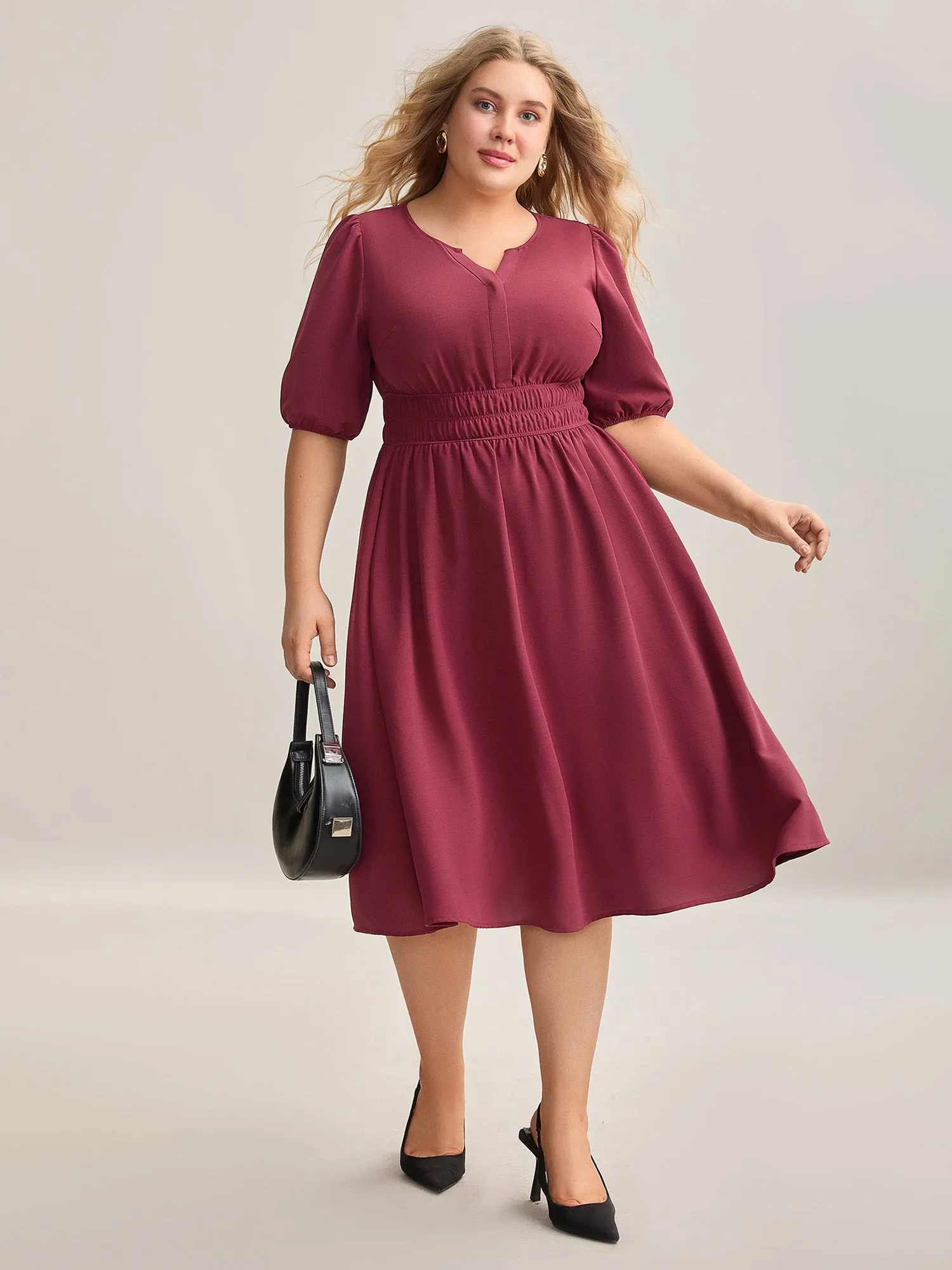 Shirred Waist Split Neck Puff Sleeve Dress sold by Bloomchic product image thumbnail 3