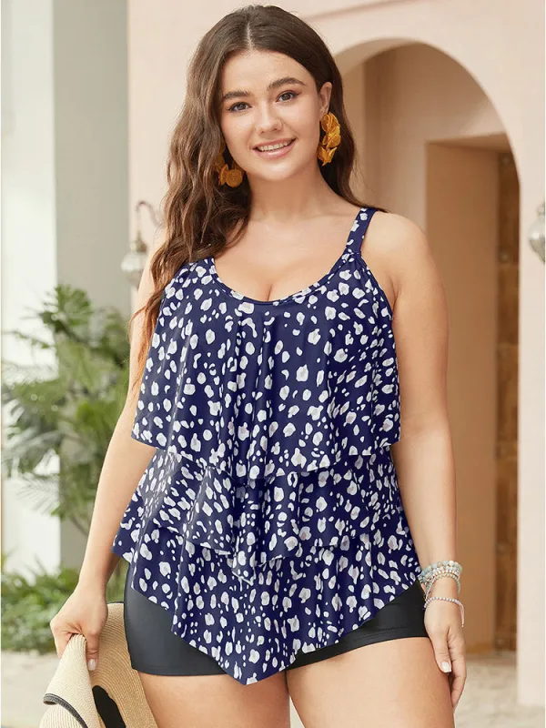 Allover Print Ruffle Tiered A Line Tankini Top sold by Bloomchic