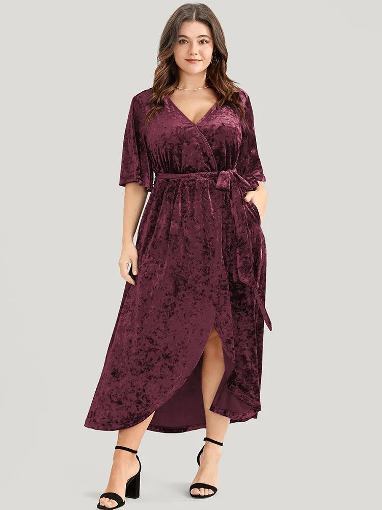 Solid Wrap Pocket Asymmetrical Hem Belted Velvet Dress sold by Bloomchic product image thumbnail 2