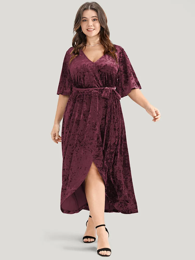 Solid Wrap Pocket Asymmetrical Hem Belted Velvet Dress sold by Bloomchic product image thumbnail 3