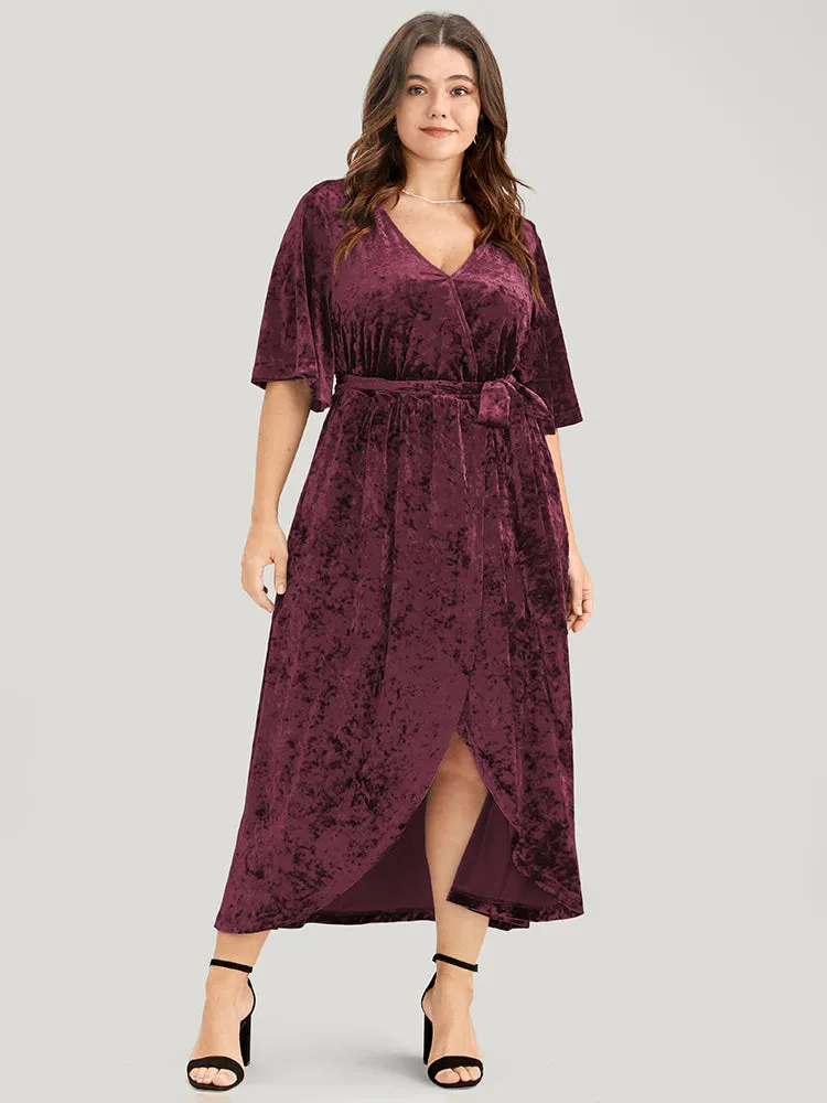 Solid Wrap Pocket Asymmetrical Hem Belted Velvet Dress sold by Bloomchic product image thumbnail 4