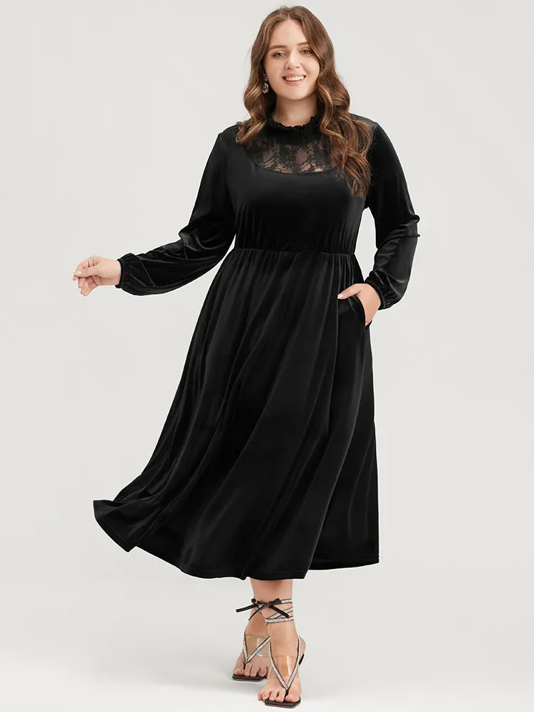 Solid Lace Pocket Velvet Shirred Mock Neck Flutter Dress sold by Bloomchic product image thumbnail 3