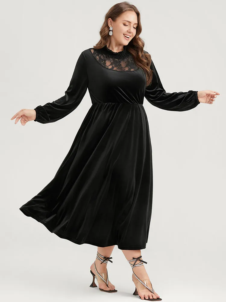 Solid Lace Pocket Velvet Shirred Mock Neck Flutter Dress sold by Bloomchic product image thumbnail 2