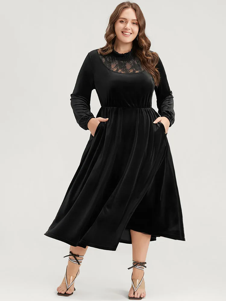 Solid Lace Pocket Velvet Shirred Mock Neck Flutter Dress sold by Bloomchic