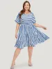 Striped Geo Pocket Belt Pocket Layered Hem Dress sold by Bloomchic