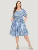 Striped Geo Pocket Belt Pocket Layered Hem Dress sold by Bloomchic