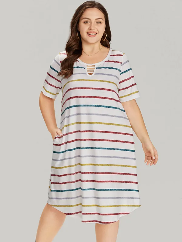 Colour Striped Print Pocket Keyhole Arc Hem Dress sold by Bloomchic
