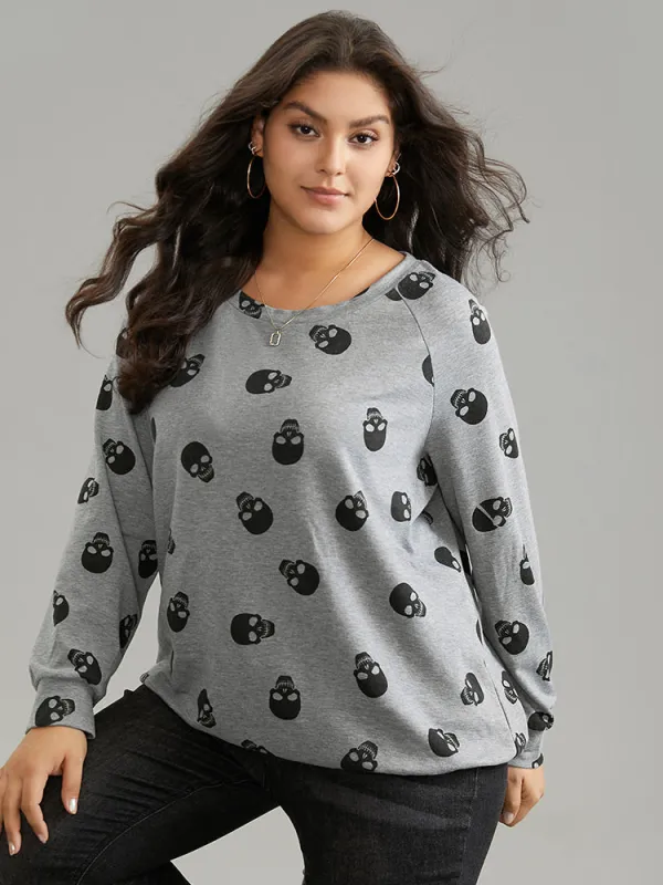 Skull Print Crew Neck Raglan Sleeve Sweatshirt sold by Bloomchic