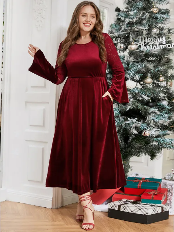 Solid Lace Insert Bell Sleeve Pocket Velvet Dress sold by Bloomchic