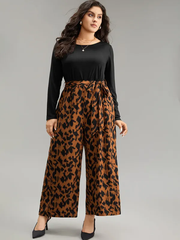 Leopard Patchwork Pocket Belted Long Sleeve Jumpsuit sold by Bloomchic
