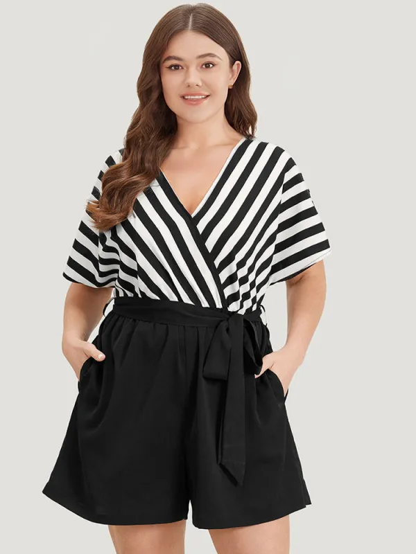 Striped Patchwork Pocket Batwing Sleeve Belted Romper sold by Bloomchic