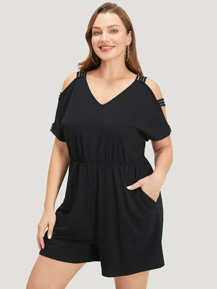Plain Pocket Elastic Waist Cut Out V Neck Romper sold by Bloomchic product image thumbnail 3