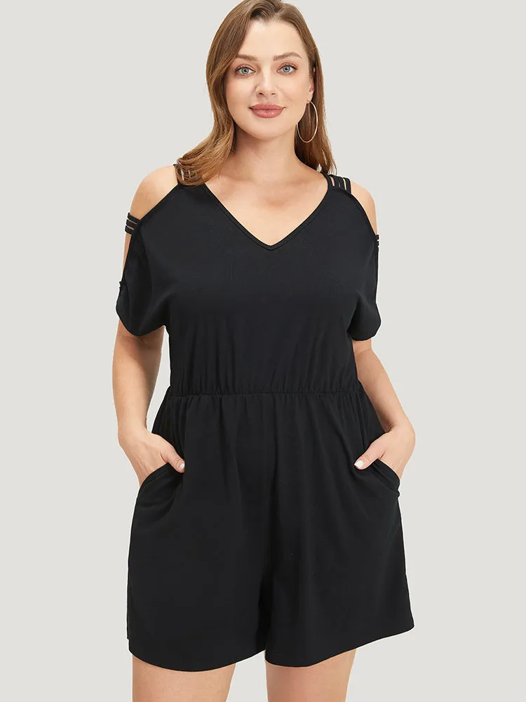 Plain Pocket Elastic Waist Cut Out V Neck Romper sold by Bloomchic product image thumbnail 2