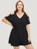 Plain Pocket Elastic Waist Cut Out V Neck Romper sold by Bloomchic