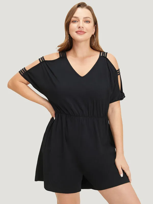 Plain Pocket Elastic Waist Cut Out V Neck Romper sold by Bloomchic