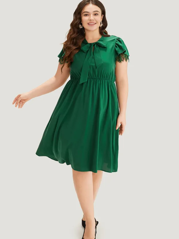 Solid Knot Neck Pocket Eyelet Lace Dress sold by Bloomchic