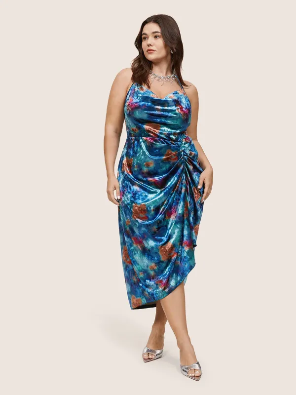 Colored Floral Velvet Cowl Neck Ruched Cami Dress sold by Bloomchic