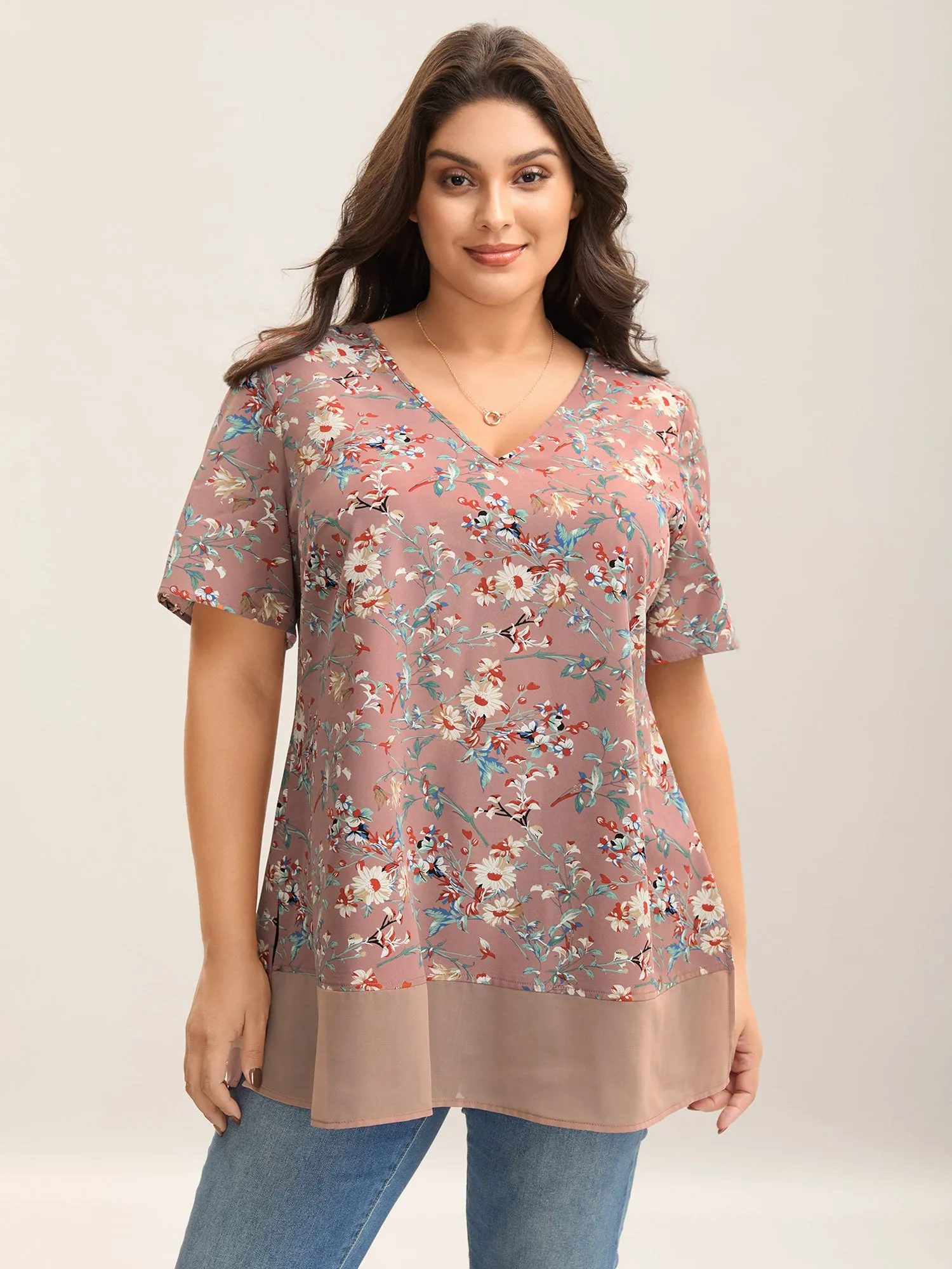 Garden Print Spliced V-Neck Blouse sold by Bloomchic