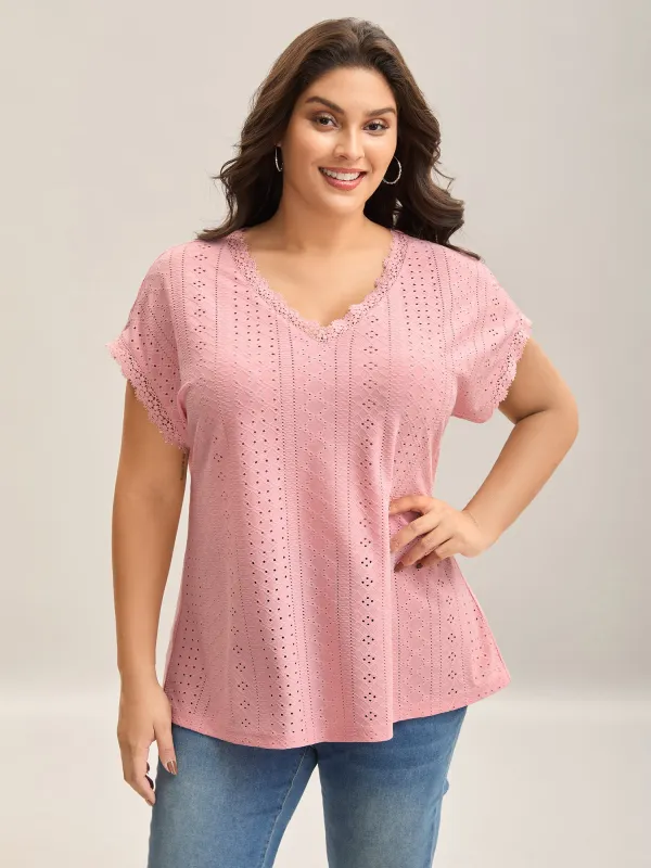 Eyelet Textured Lace Detail T-Shirt sold by Bloomchic