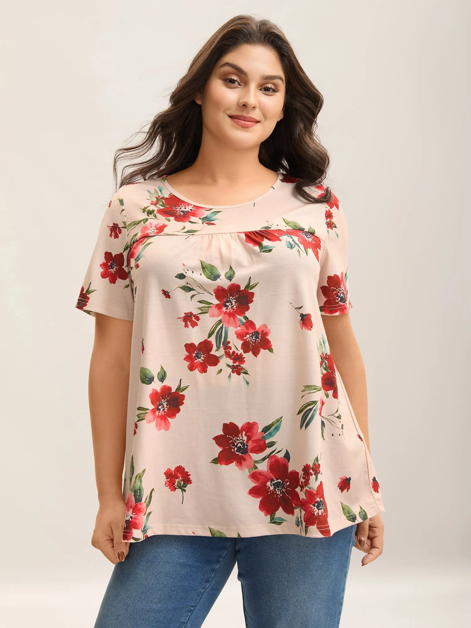 Dreamy Floral Print Flowy Pleated T-Shirt sold by Bloomchic
