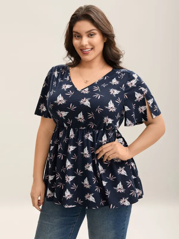 Floral Print Lotus Leaf Sleeve Knit Top sold by Bloomchic