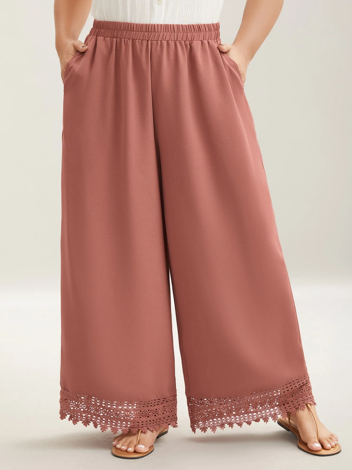 Lace Hem Wide-Leg Pocket Pants sold by Bloomchic