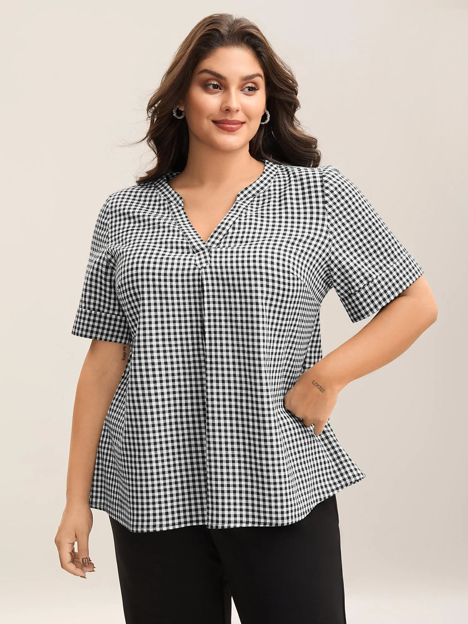 Plaid Print Notched Collar Pleated Blouse sold by Bloomchic