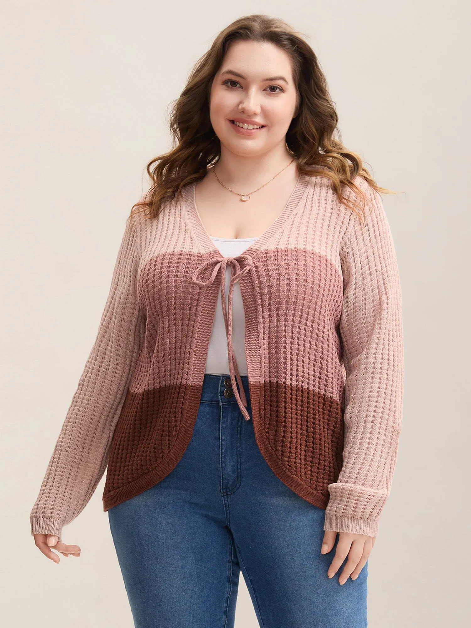 Arc Hem Color Block Tie Front Cardigan sold by Bloomchic